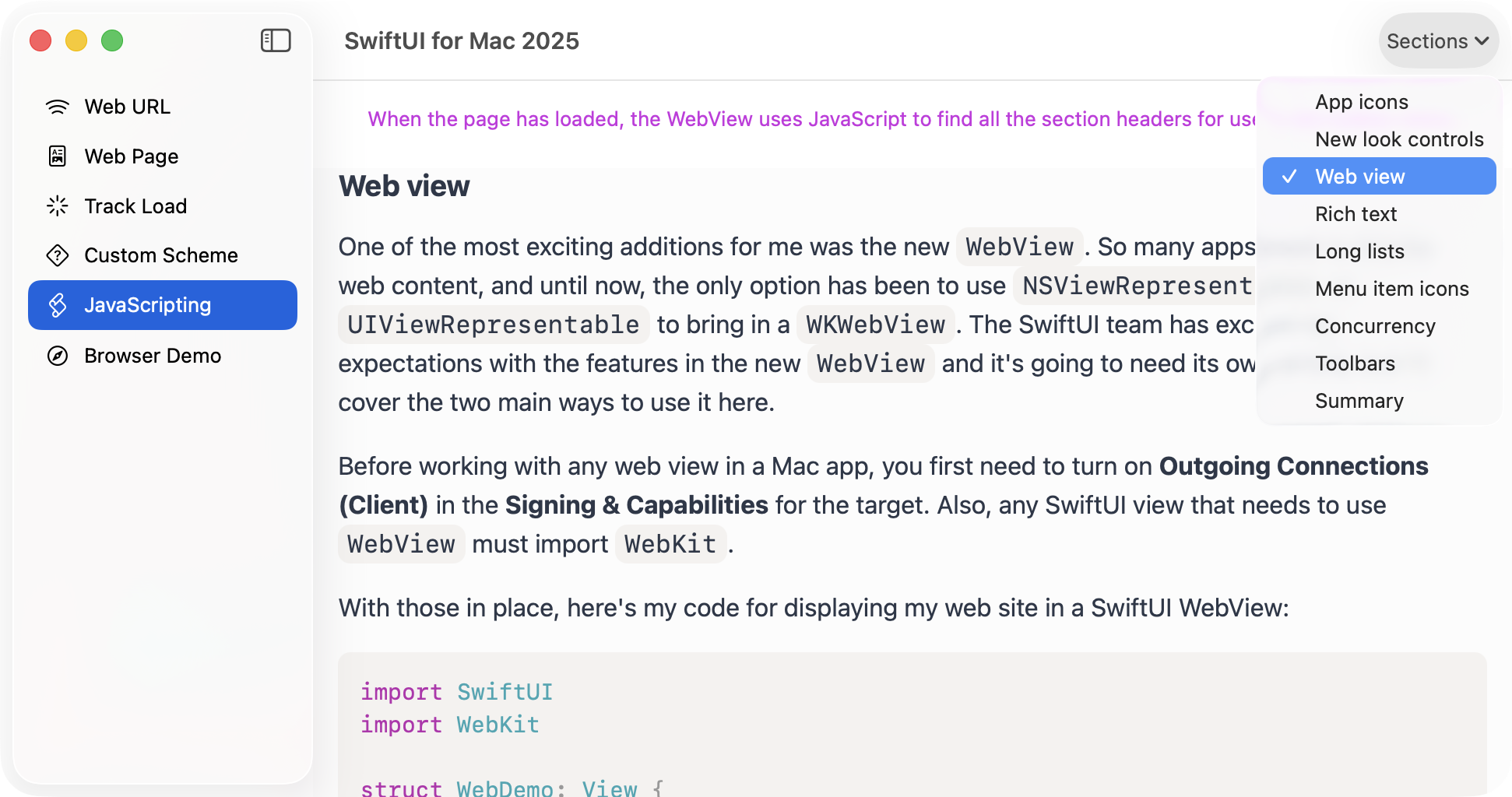 JavaScript populated sections menu