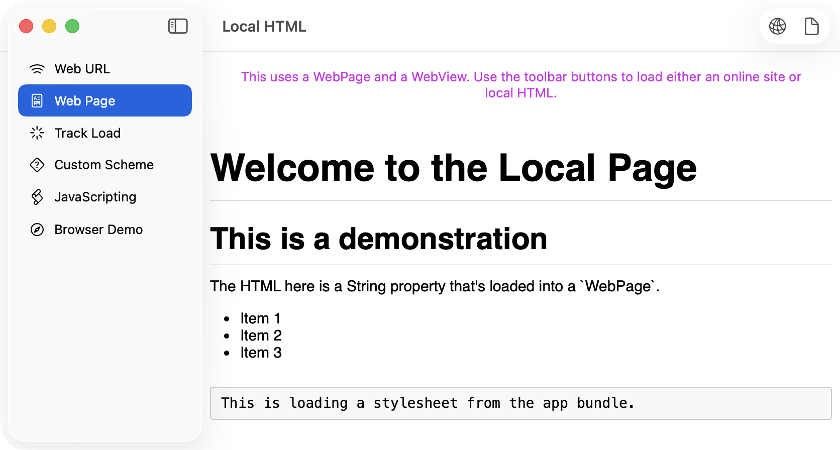 Web page showing local HTML