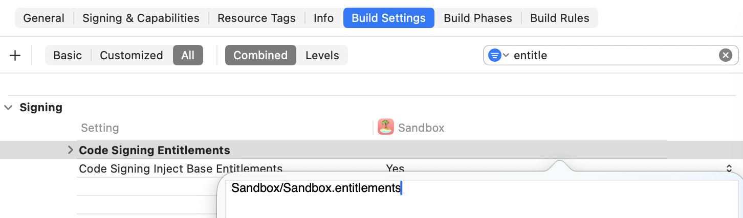 Build settings for entitlements